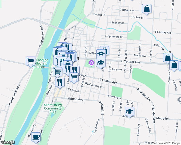 map of restaurants, bars, coffee shops, grocery stores, and more near 448 East Linden Avenue in Miamisburg
