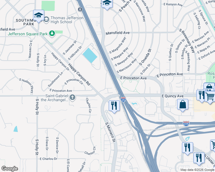 map of restaurants, bars, coffee shops, grocery stores, and more near 6522 East Quincy Avenue in Denver