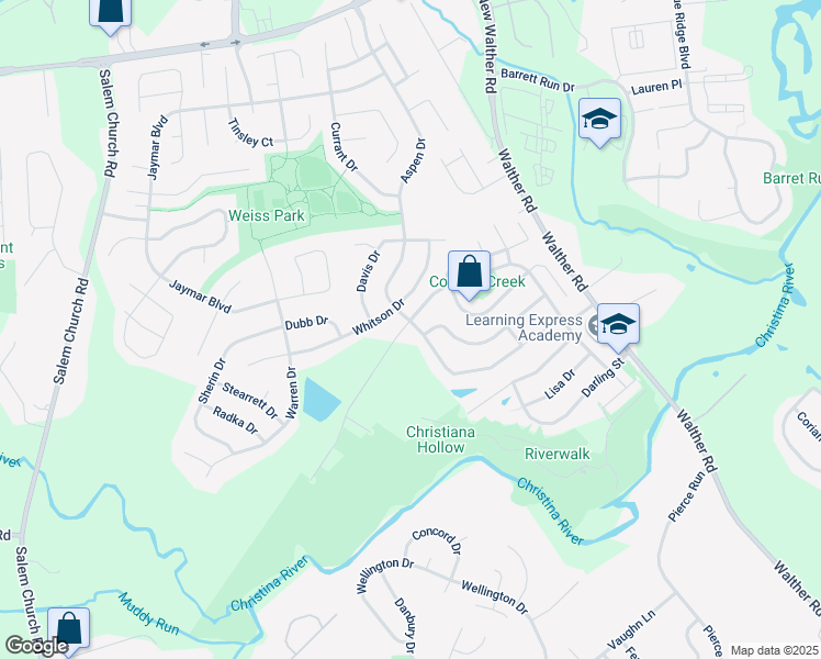 map of restaurants, bars, coffee shops, grocery stores, and more near 219 Aspen Drive in Newark
