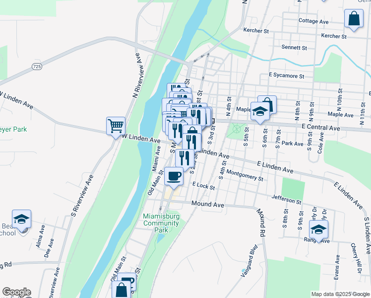 map of restaurants, bars, coffee shops, grocery stores, and more near 119 South 2nd Street in Miamisburg