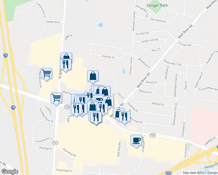 map of restaurants, bars, coffee shops, grocery stores, and more near 2516 Falling Water Drive in Dayton