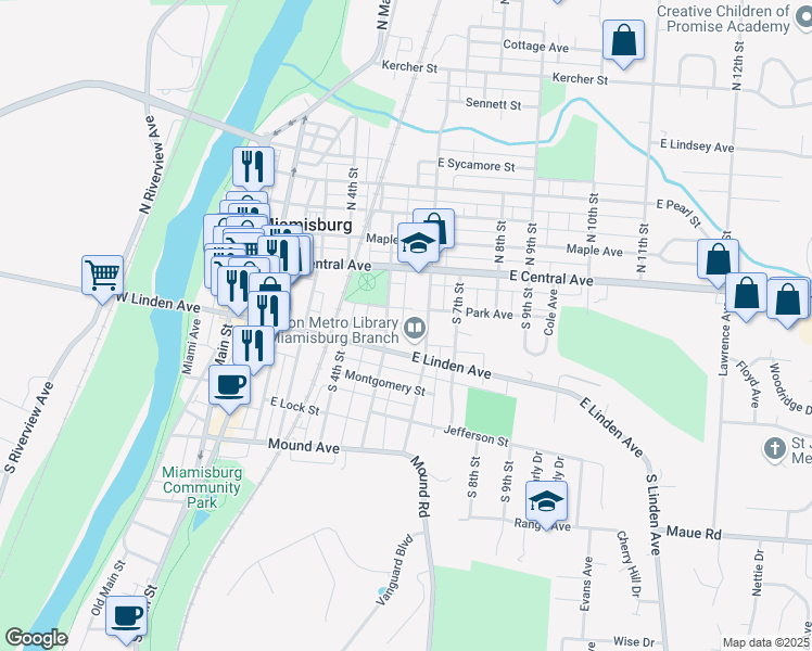 map of restaurants, bars, coffee shops, grocery stores, and more near 540 Park Avenue in Miamisburg