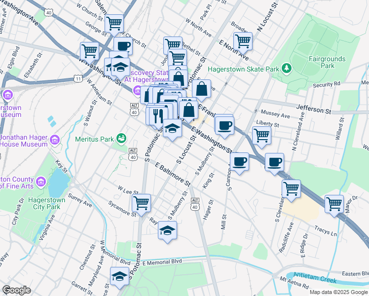 map of restaurants, bars, coffee shops, grocery stores, and more near 74 East Antietam Street in Hagerstown