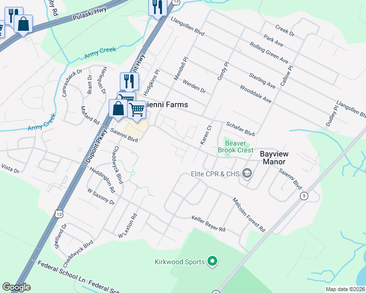 map of restaurants, bars, coffee shops, grocery stores, and more near 550 South Dupont Highway in New Castle