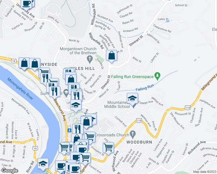 map of restaurants, bars, coffee shops, grocery stores, and more near 86 Mason Street in Morgantown