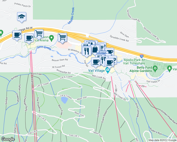 map of restaurants, bars, coffee shops, grocery stores, and more near 10 West Forest Road in Vail
