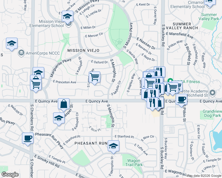 map of restaurants, bars, coffee shops, grocery stores, and more near 4182 South Memphis Way in Aurora
