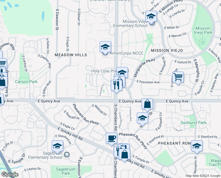 map of restaurants, bars, coffee shops, grocery stores, and more near 4154 South Granby Circle in Aurora