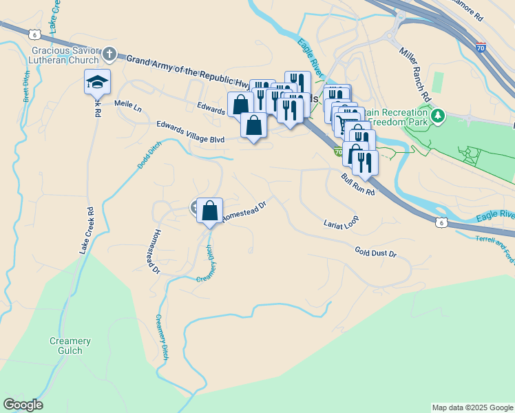 map of restaurants, bars, coffee shops, grocery stores, and more near 111 Gold Dust Drive in Edwards