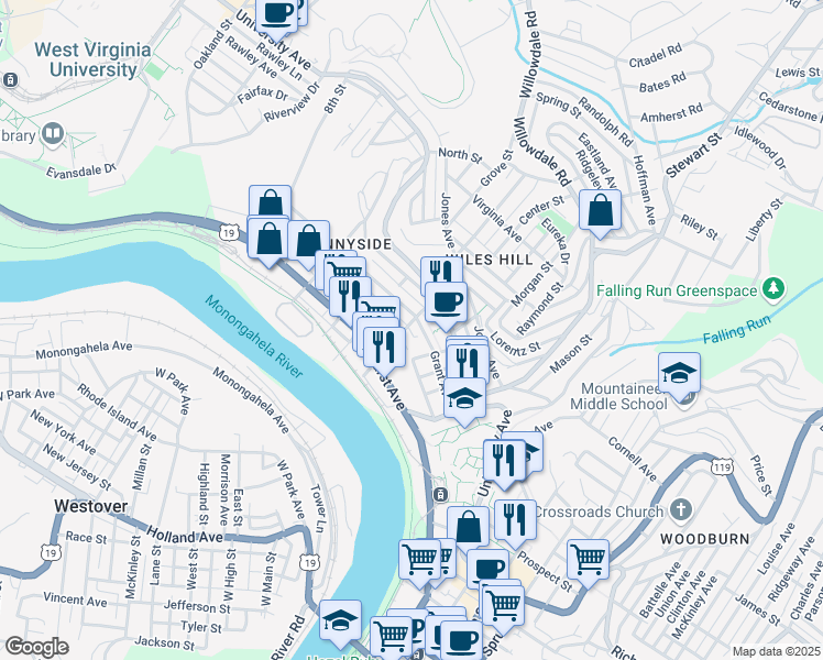 map of restaurants, bars, coffee shops, grocery stores, and more near 306 Grant Avenue in Morgantown
