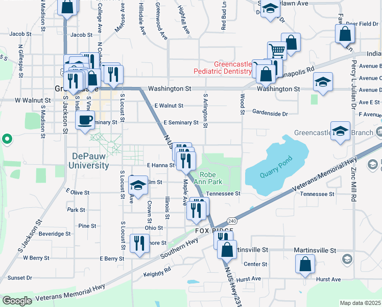 map of restaurants, bars, coffee shops, grocery stores, and more near 527 Anderson Street in Greencastle