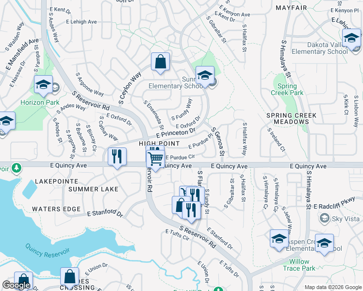 map of restaurants, bars, coffee shops, grocery stores, and more near 19593 East Princeton Place in Aurora