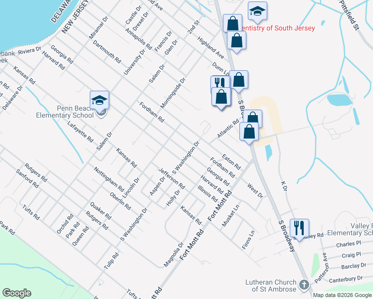 map of restaurants, bars, coffee shops, grocery stores, and more near 44 Fordham Road in Pennsville