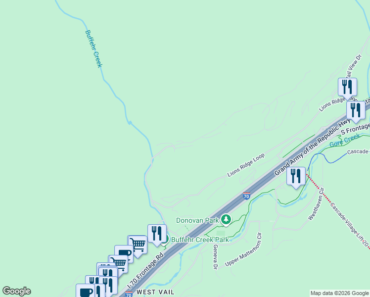 map of restaurants, bars, coffee shops, grocery stores, and more near 1516-1606 Buffer Creek Rd in Vail