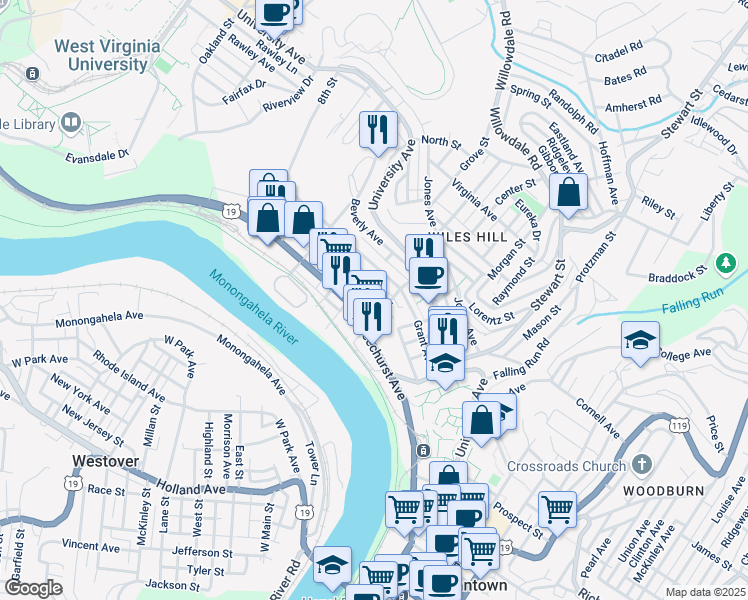map of restaurants, bars, coffee shops, grocery stores, and more near 313 McLane Avenue in Morgantown