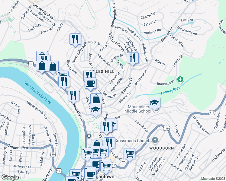 map of restaurants, bars, coffee shops, grocery stores, and more near 420 Morgan Street in Morgantown