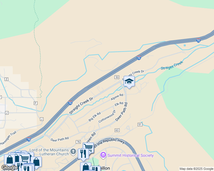 map of restaurants, bars, coffee shops, grocery stores, and more near 675 Straight Creek Drive in Dillon