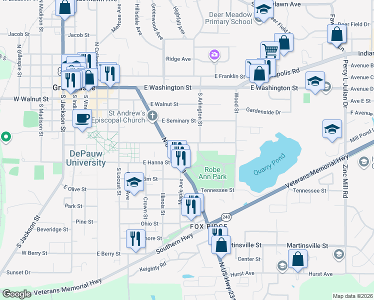 map of restaurants, bars, coffee shops, grocery stores, and more near 522 Anderson Street in Greencastle