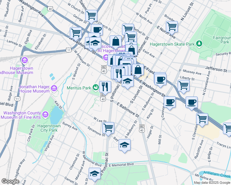 map of restaurants, bars, coffee shops, grocery stores, and more near 130 South Potomac Street in Hagerstown