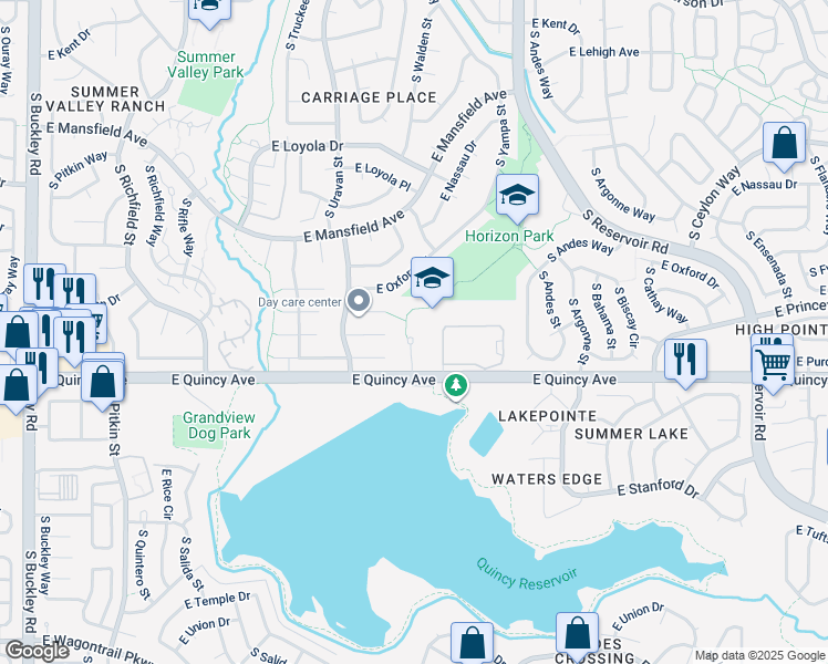 map of restaurants, bars, coffee shops, grocery stores, and more near 18201 East Quincy Avenue in Aurora