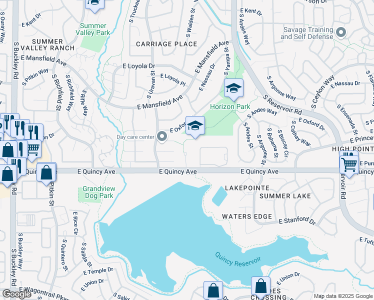 map of restaurants, bars, coffee shops, grocery stores, and more near 18201 East Quincy Avenue in Aurora