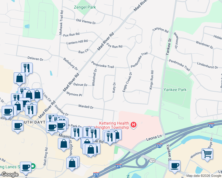map of restaurants, bars, coffee shops, grocery stores, and more near 7621 Katy Drive in Dayton