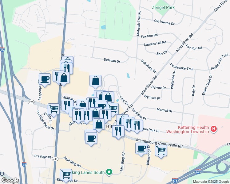 map of restaurants, bars, coffee shops, grocery stores, and more near 7740 Lois Circle in Dayton
