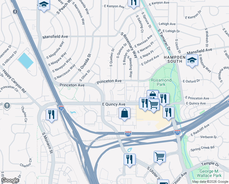 map of restaurants, bars, coffee shops, grocery stores, and more near 7364 East Princeton Avenue in Denver