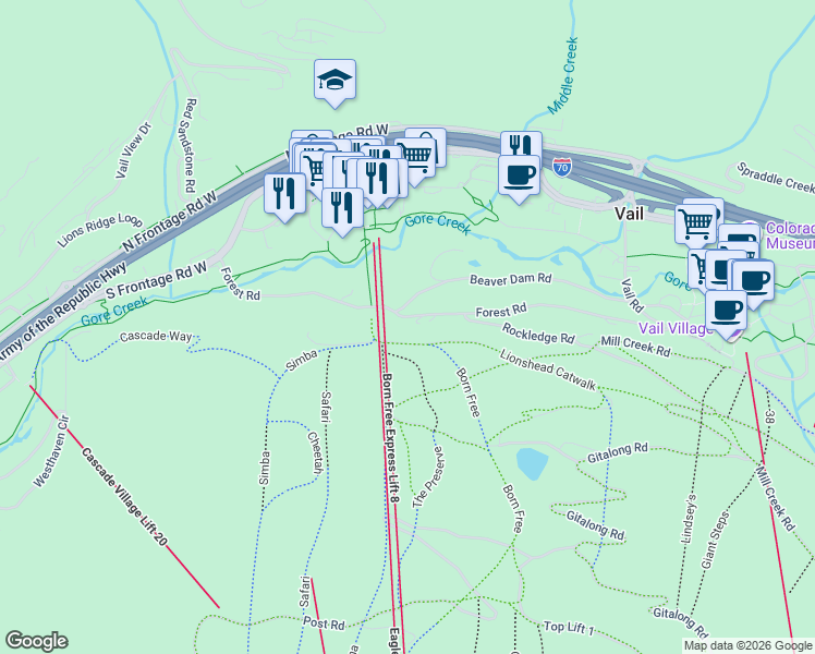 map of restaurants, bars, coffee shops, grocery stores, and more near 487-551 Forest Rd in Vail