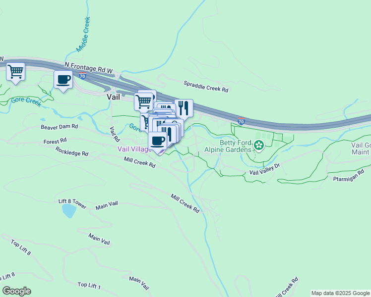 map of restaurants, bars, coffee shops, grocery stores, and more near 302 Gore Creek Drive in Vail