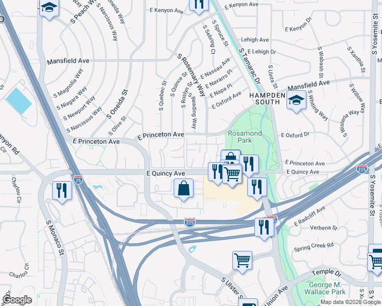 map of restaurants, bars, coffee shops, grocery stores, and more near 7468 East Princeton Avenue in Denver