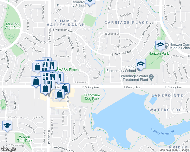 map of restaurants, bars, coffee shops, grocery stores, and more near 4273 South Salida Way in Aurora