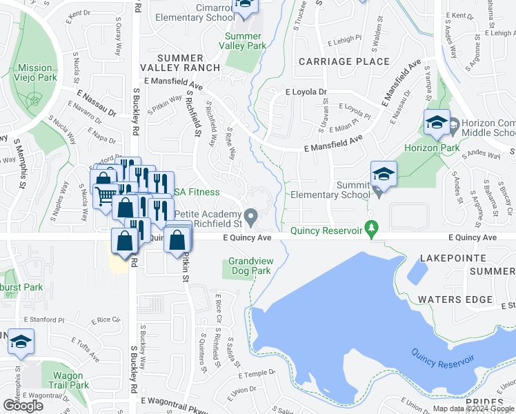 map of restaurants, bars, coffee shops, grocery stores, and more near 4273 South Salida Way in Aurora