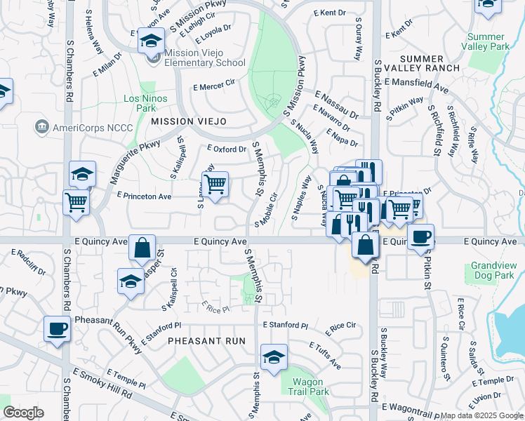 map of restaurants, bars, coffee shops, grocery stores, and more near 4182 South Memphis Way in Aurora