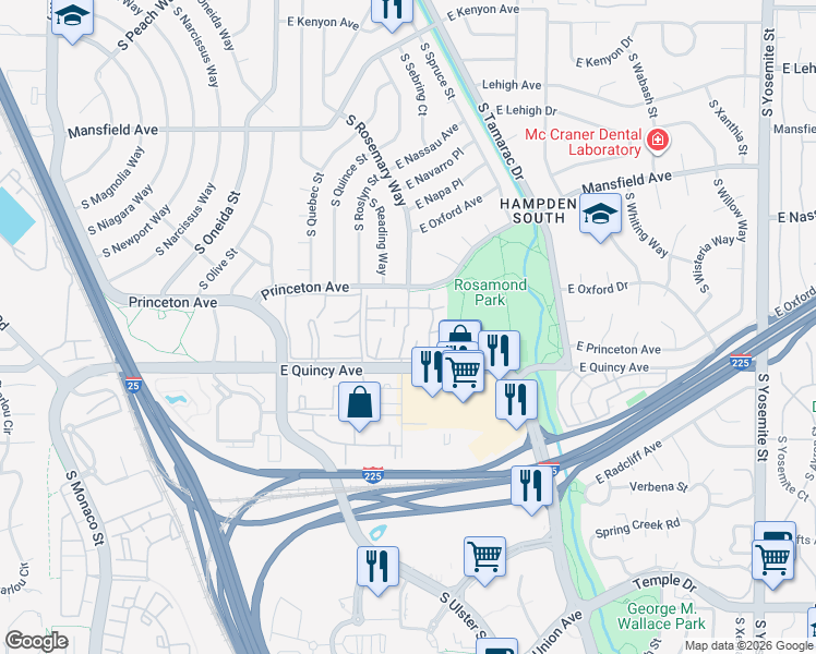 map of restaurants, bars, coffee shops, grocery stores, and more near 7755 East Quincy Avenue in Denver