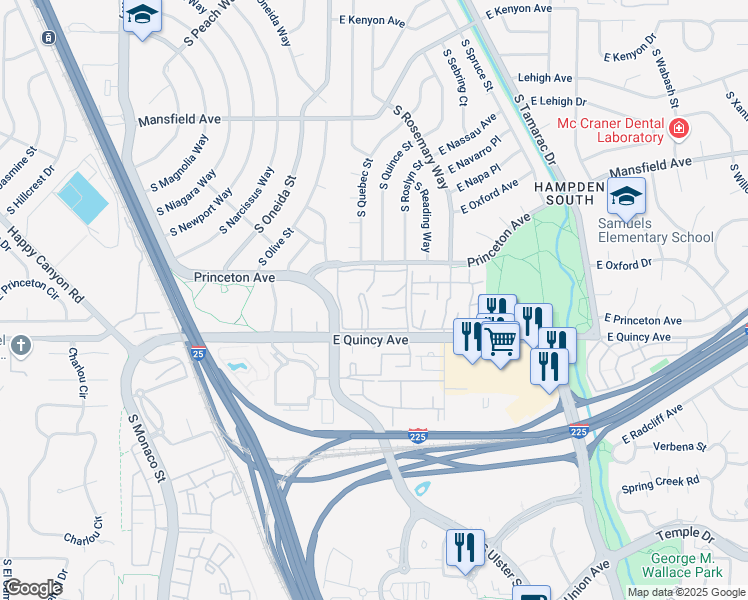 map of restaurants, bars, coffee shops, grocery stores, and more near 7364 East Princeton Avenue in Denver
