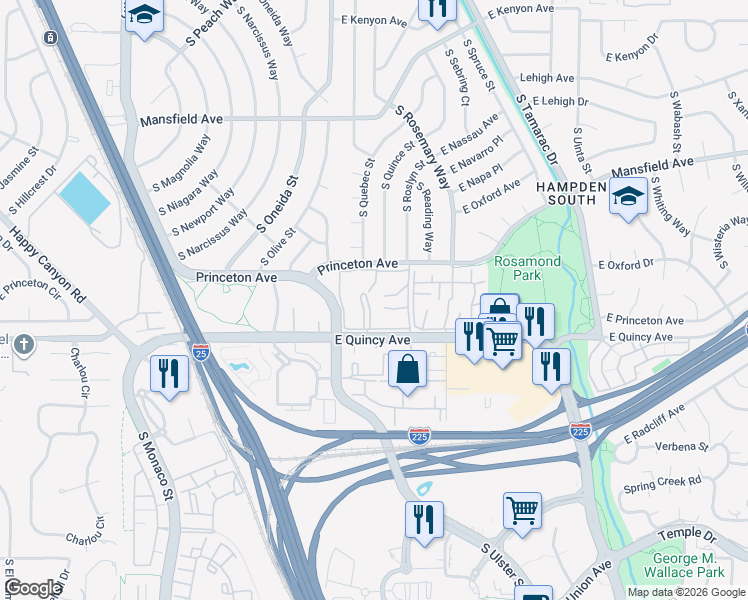 map of restaurants, bars, coffee shops, grocery stores, and more near 7364 East Princeton Avenue in Denver