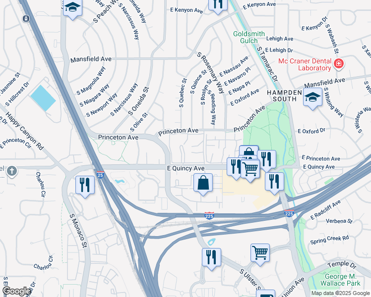 map of restaurants, bars, coffee shops, grocery stores, and more near 7364 East Princeton Avenue in Denver