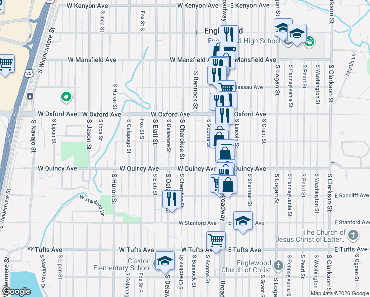 map of restaurants, bars, coffee shops, grocery stores, and more near 4196 South Cherokee Street in Englewood
