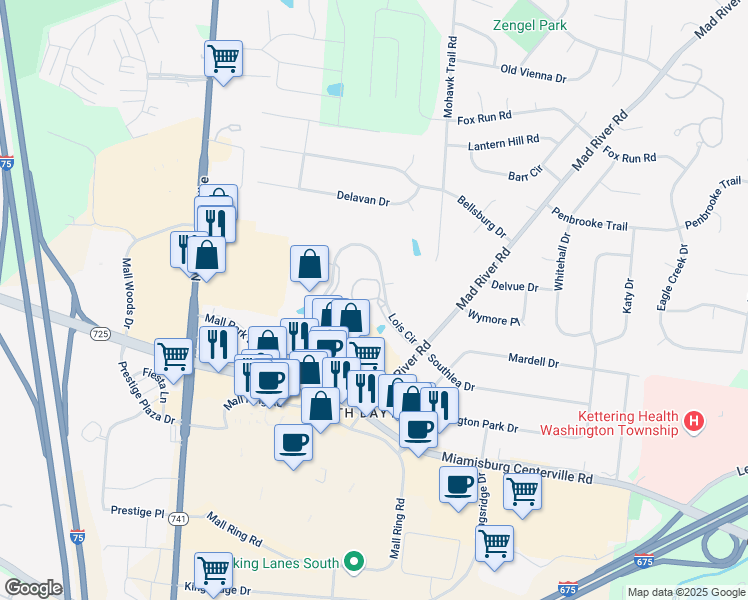 map of restaurants, bars, coffee shops, grocery stores, and more near 7740 Lois Circle in Dayton