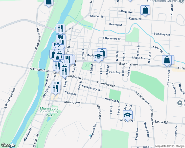 map of restaurants, bars, coffee shops, grocery stores, and more near 35 South 5th Street in Miamisburg