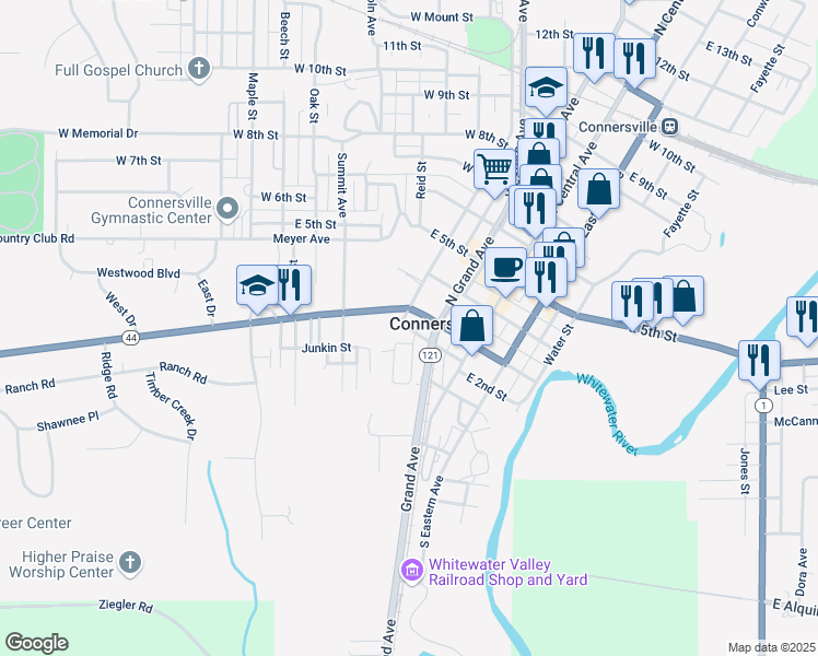 map of restaurants, bars, coffee shops, grocery stores, and more near 226 West 3rd Street in Connersville
