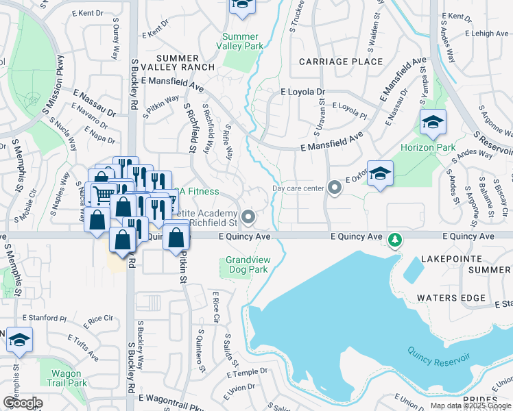 map of restaurants, bars, coffee shops, grocery stores, and more near 4273 South Salida Way in Aurora
