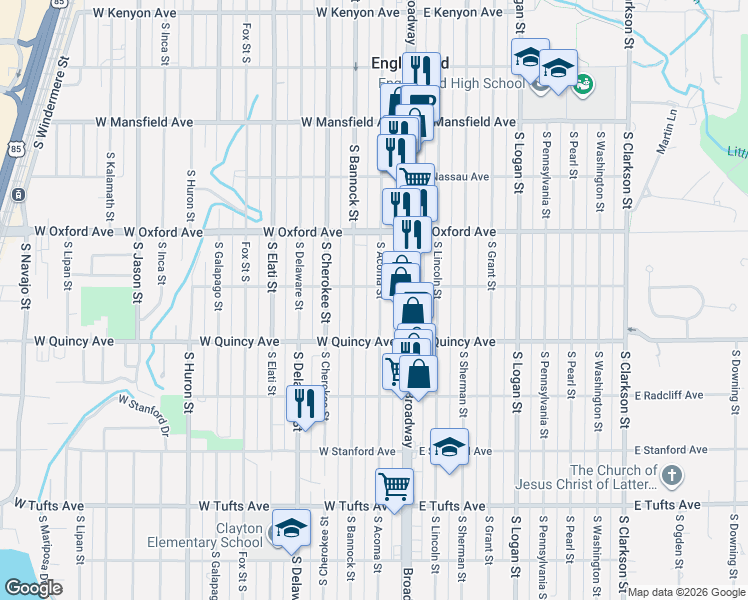 map of restaurants, bars, coffee shops, grocery stores, and more near 4185 South Acoma Street in Englewood