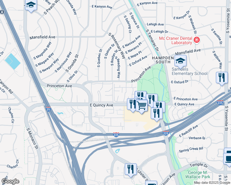 map of restaurants, bars, coffee shops, grocery stores, and more near 7755 East Quincy Avenue in Denver