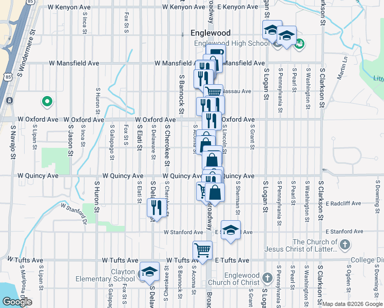 map of restaurants, bars, coffee shops, grocery stores, and more near 4185 South Acoma Street in Englewood