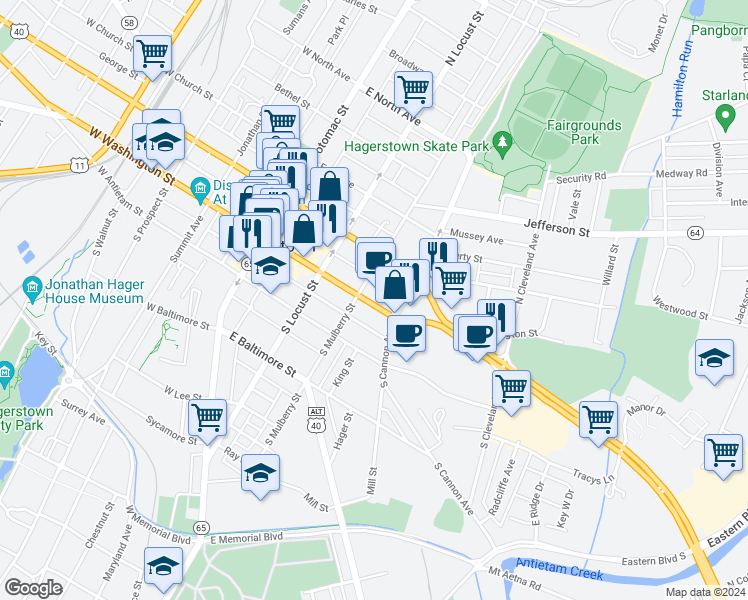 map of restaurants, bars, coffee shops, grocery stores, and more near 218 East Washington Street in Hagerstown