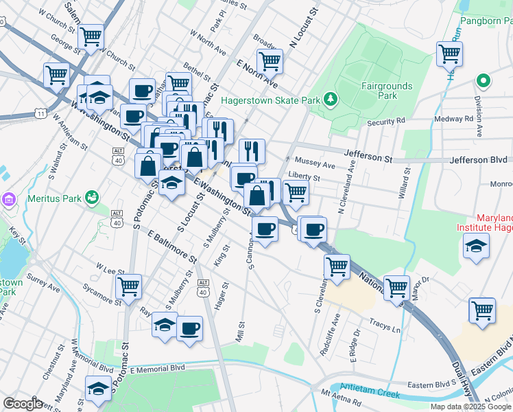 map of restaurants, bars, coffee shops, grocery stores, and more near 25 North Cannon Avenue in Hagerstown