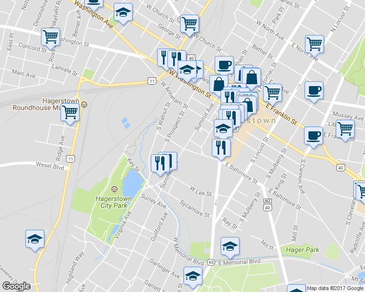 map of restaurants, bars, coffee shops, grocery stores, and more near 185 Summit Avenue in Hagerstown