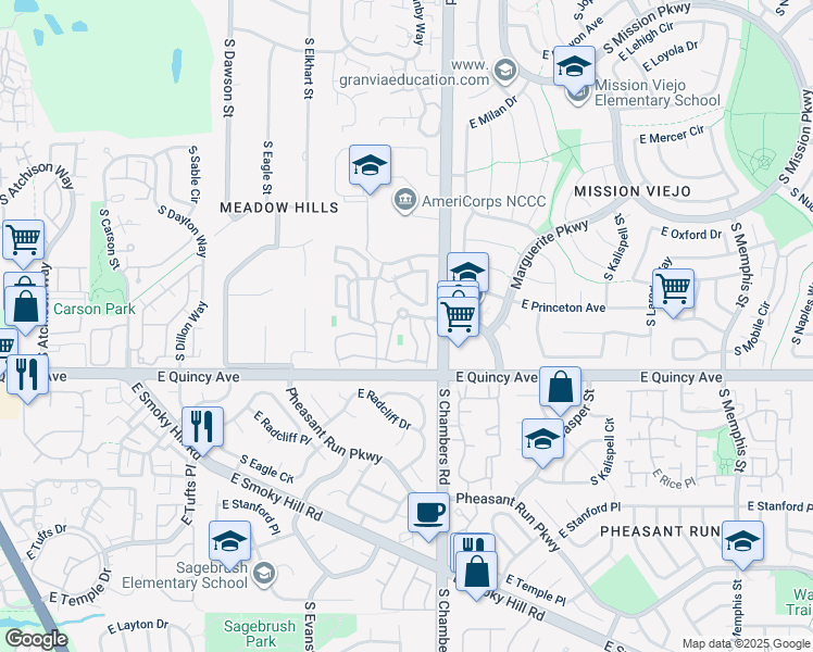 map of restaurants, bars, coffee shops, grocery stores, and more near 4154 South Granby Circle in Aurora